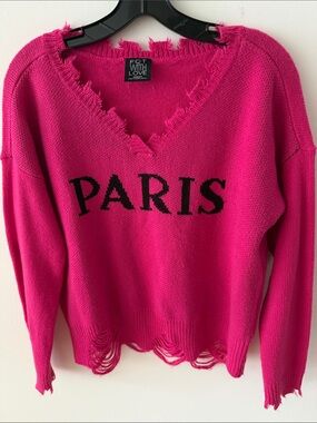FCT With Love Distressed Hot Pink “Paris” Pullover V Neck Sweater. Size Medium.